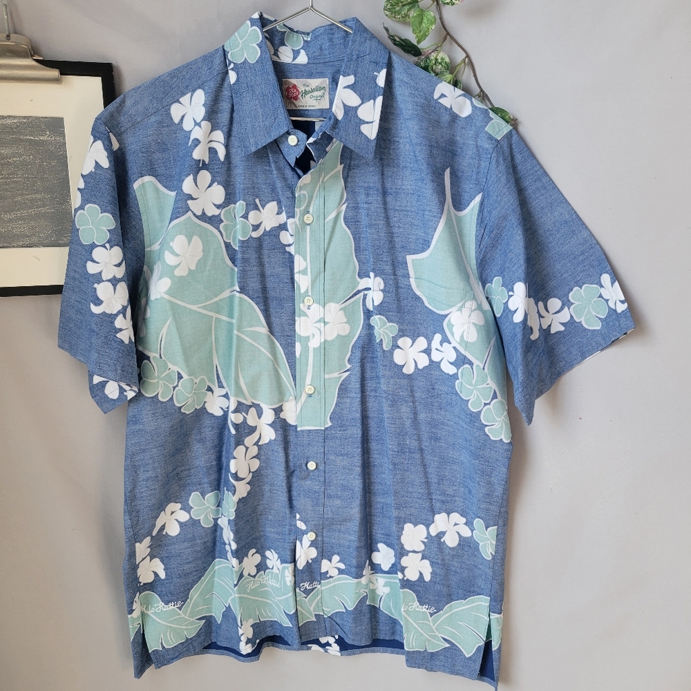 Hilo Hattie Hawaiian Original Tropical Bloom Floral Button Up Aloha Shirt Blue L